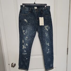 LITZ Distressed Boyfriend Jeans - Dark Blue With Bling
